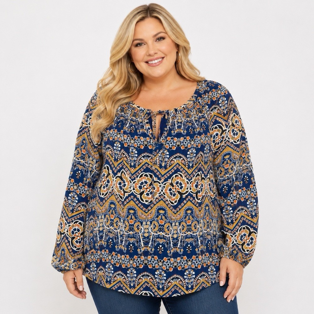 Daniel Rainn Womens Top 2X Navy Blue Paisley Scoop Neck Long Sleeve Boho Keyhole